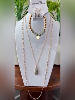 Laura Ford Double Gold chain,jade look teardrop pendant,bracelet/earrings set